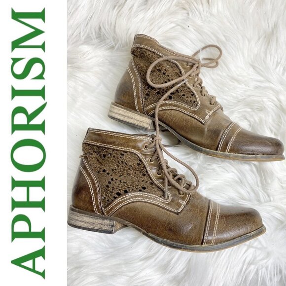 APHORISM Caramel Brown Faux Leather Lace Inset Boho Bootie, Size 6.5 - Picture 3 of 11
